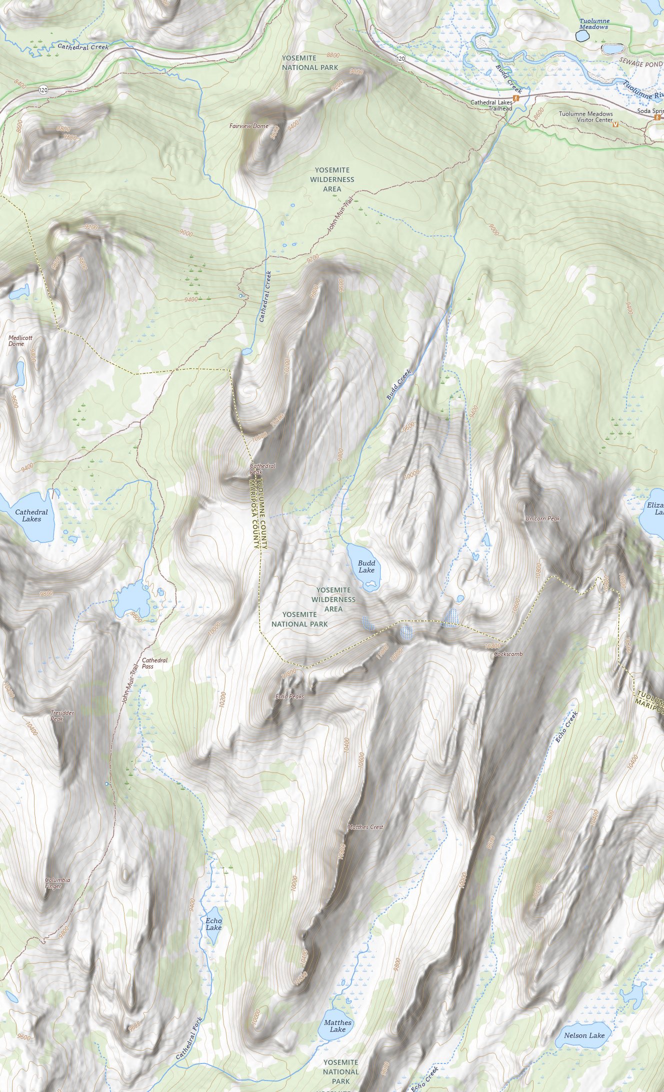 USGS topo map: approach from Cathedral Lakes Trailhead up Budd Creek past Budd Lake to Matthes Crest